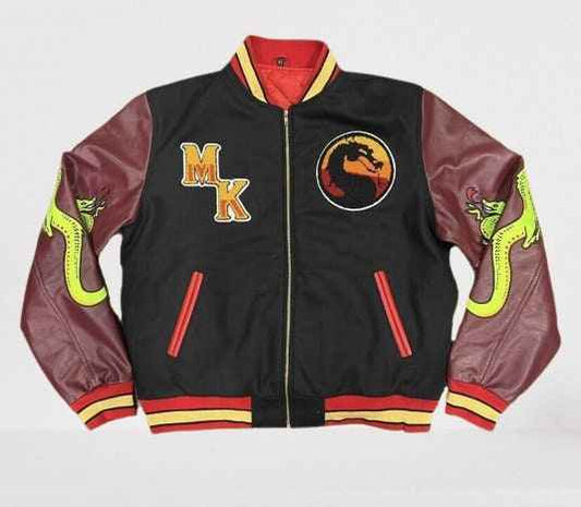 Handmade Custom made Mortal Kombat Varsity Jacket with Brown Sleeves