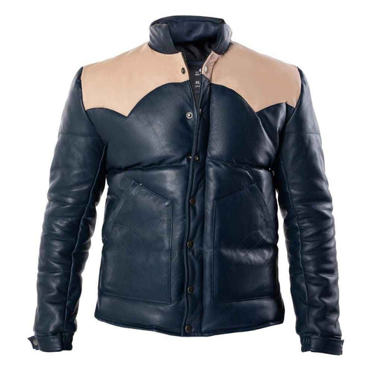 Ox and Bulls Puffer Blue Multicolor Leather Jacket - Spanish style Puffer Jacket