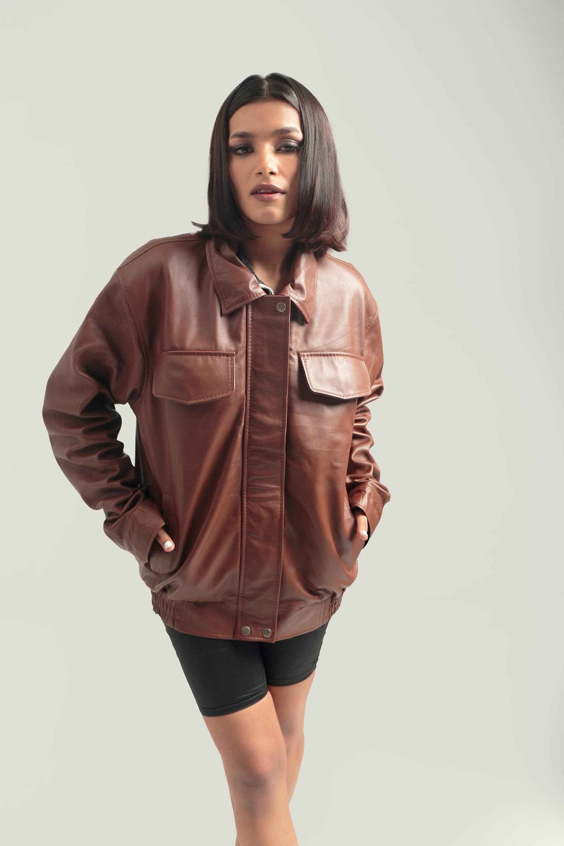 Oversized Brown Bomber Jacket Retro Leather Jacket Handcrafted & Designed by Ox and Bulls