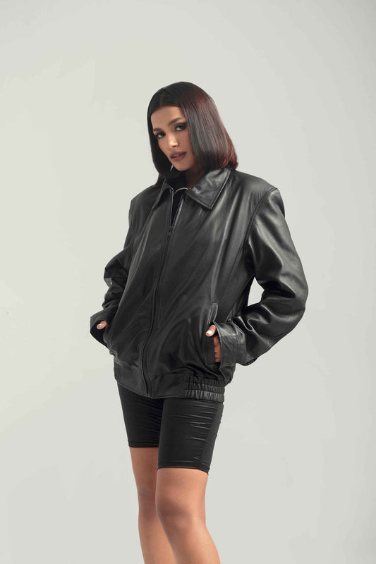 Oversized Baggy Women's Black Classic Bikers Jacket for Women's Retro Bomber Leather Jacket Handcrafted & Designed by Ox and Bulls