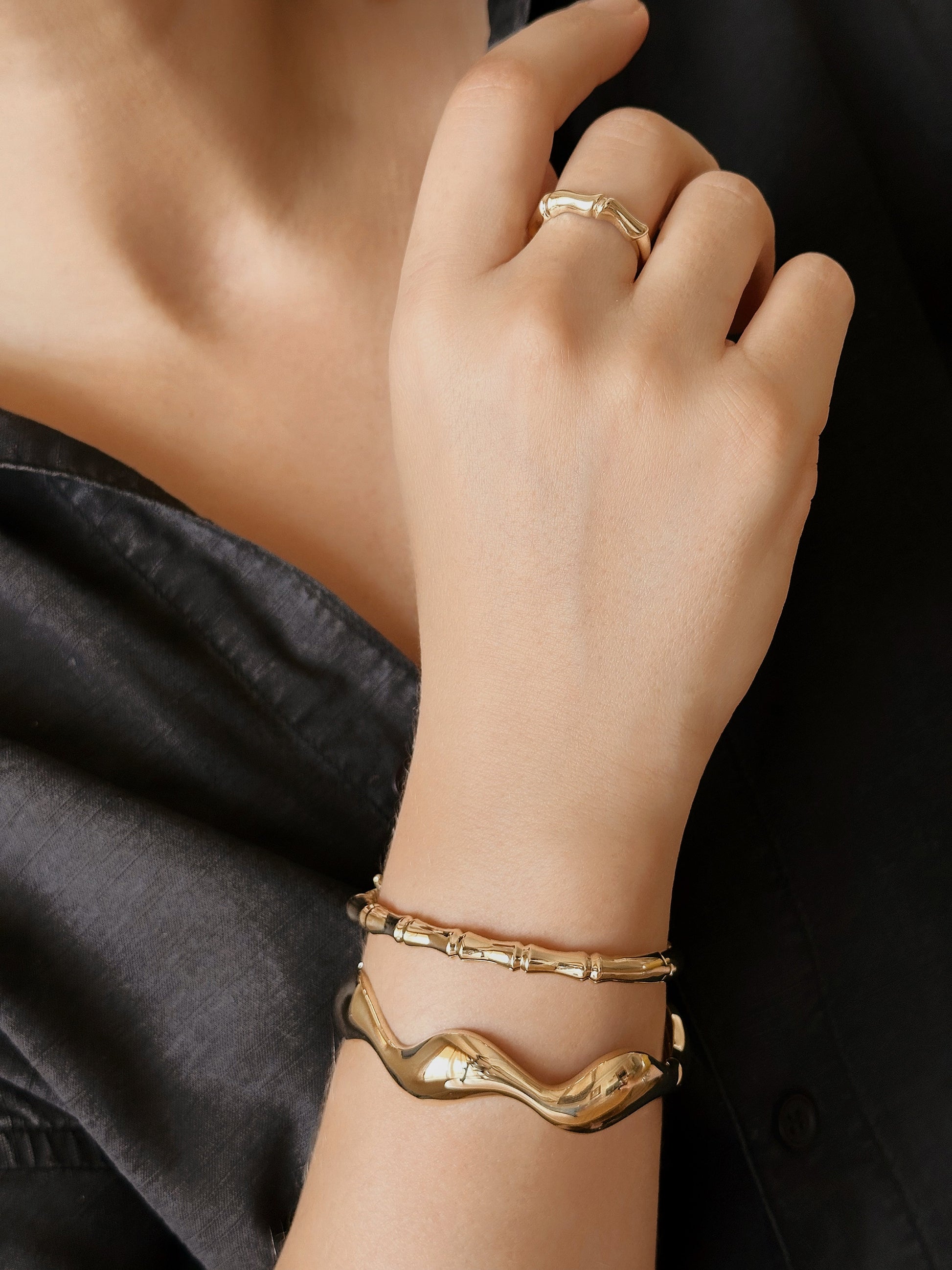 14K Solid Gold Cuff Bone Bangle Bracelet - Solstik