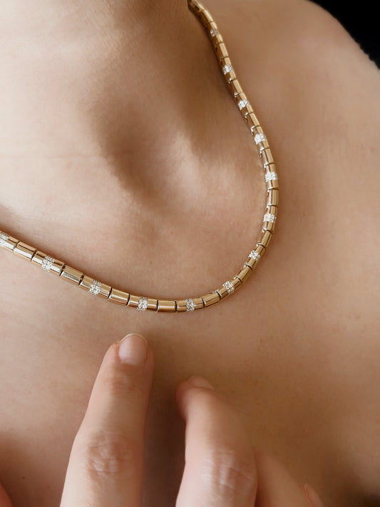 14K Solid Gold Pipe Bar Bead Chain Necklace - Solstik