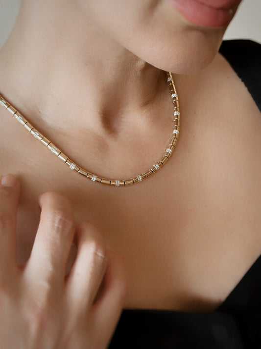 14K Solid Gold Pipe Bar Bead Chain Necklace - Solstik