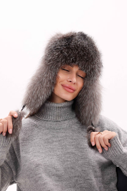 Genuine Silver Fox Fur Genuine Leather Hat