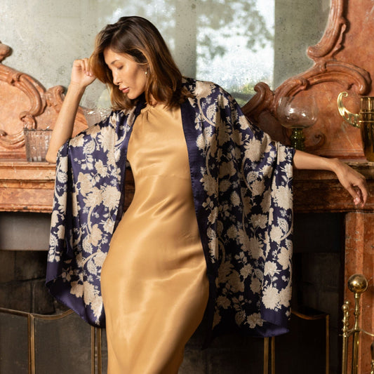 Esmeralda - Silk Scarf Shawl - Midnight Blue & Gold - Solstik