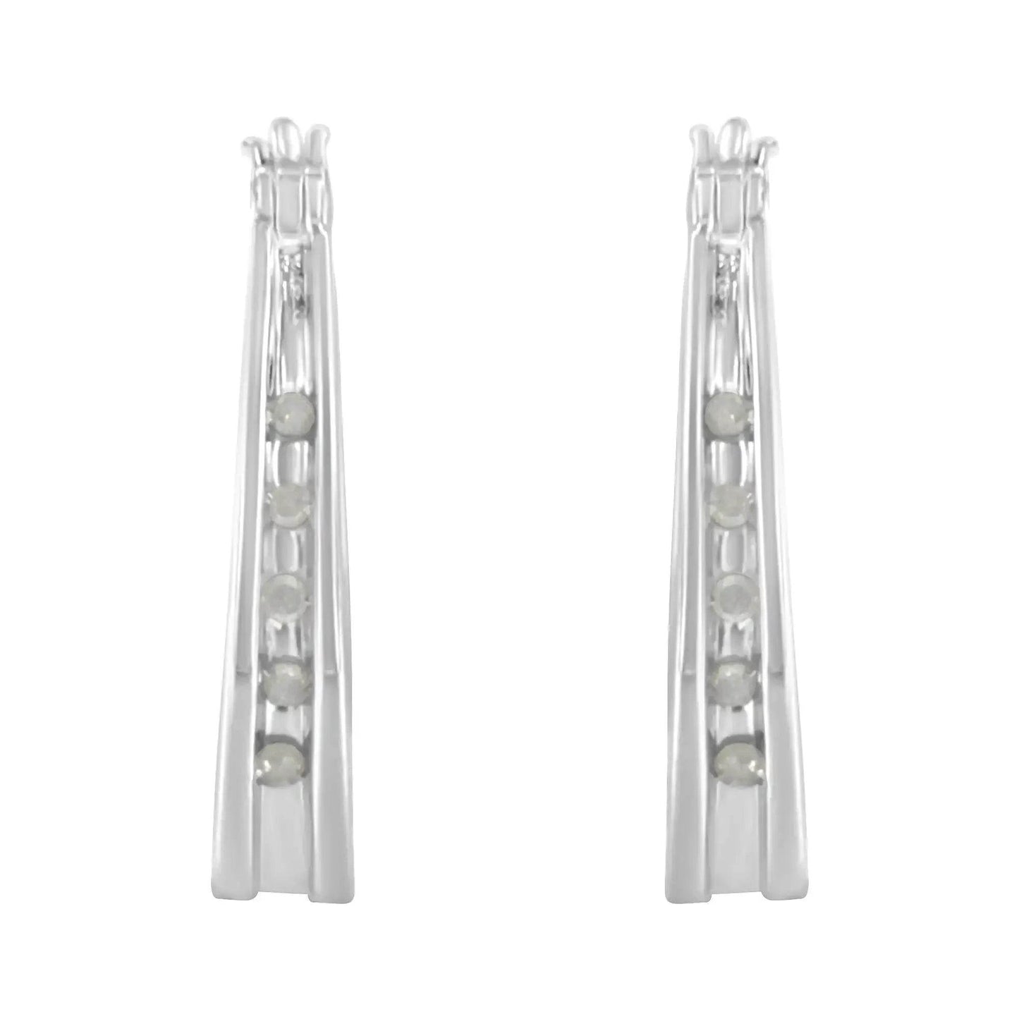 Solstik diamond accent silver hoops pair of tapered elongated hoop earrings with five round accent stones
