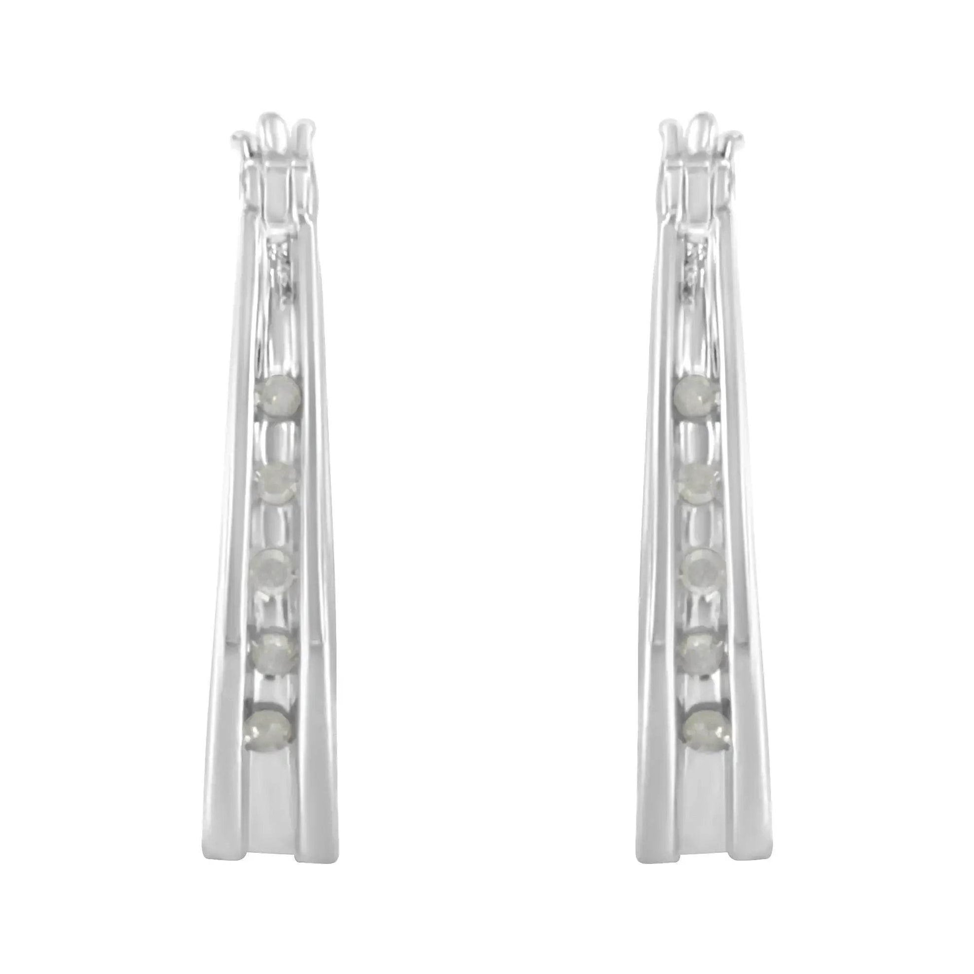 Solstik diamond accent silver hoops pair of tapered elongated hoop earrings with five round accent stones