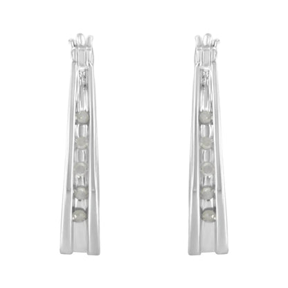 Solstik diamond accent silver hoops pair of tapered elongated hoop earrings with five round accent stones