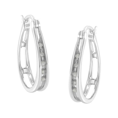 Solstik diamond accent silver hoops small elongated oval hoop earrings with hinged clasp and channel set stones