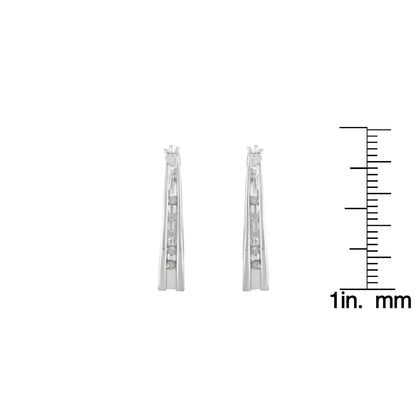 Solstik diamond accent silver hoops tapered slim hoop earrings with small channel set diamonds and inch scale