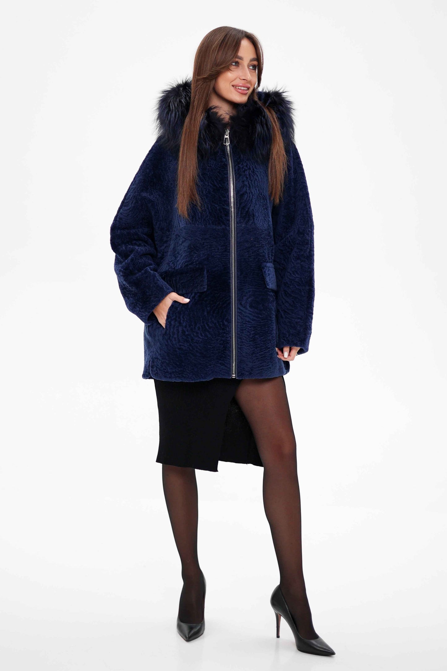 Genuine Shearling Silver Fox Trim Jacket