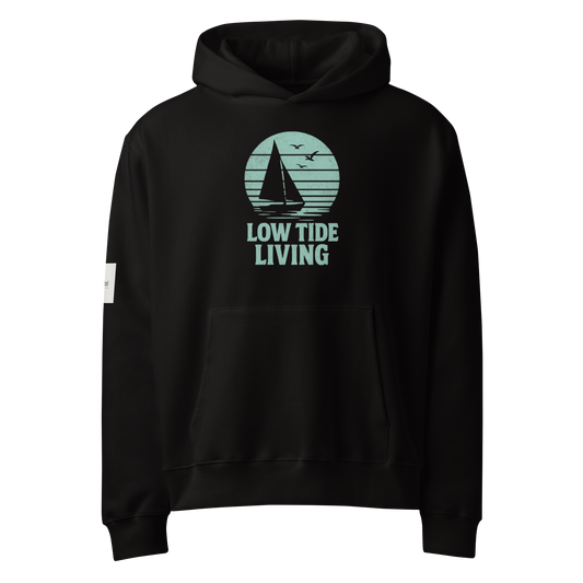 Solstik black premium heavyweight pullover hoodie with mint sailboat Low Tide Living graphic and kangaroo pocket