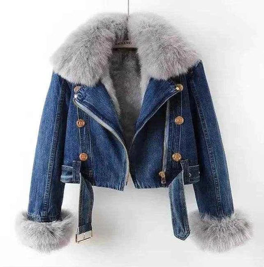 Solstik Luxe Denim Jacket with Fur Trim Stylish Crop