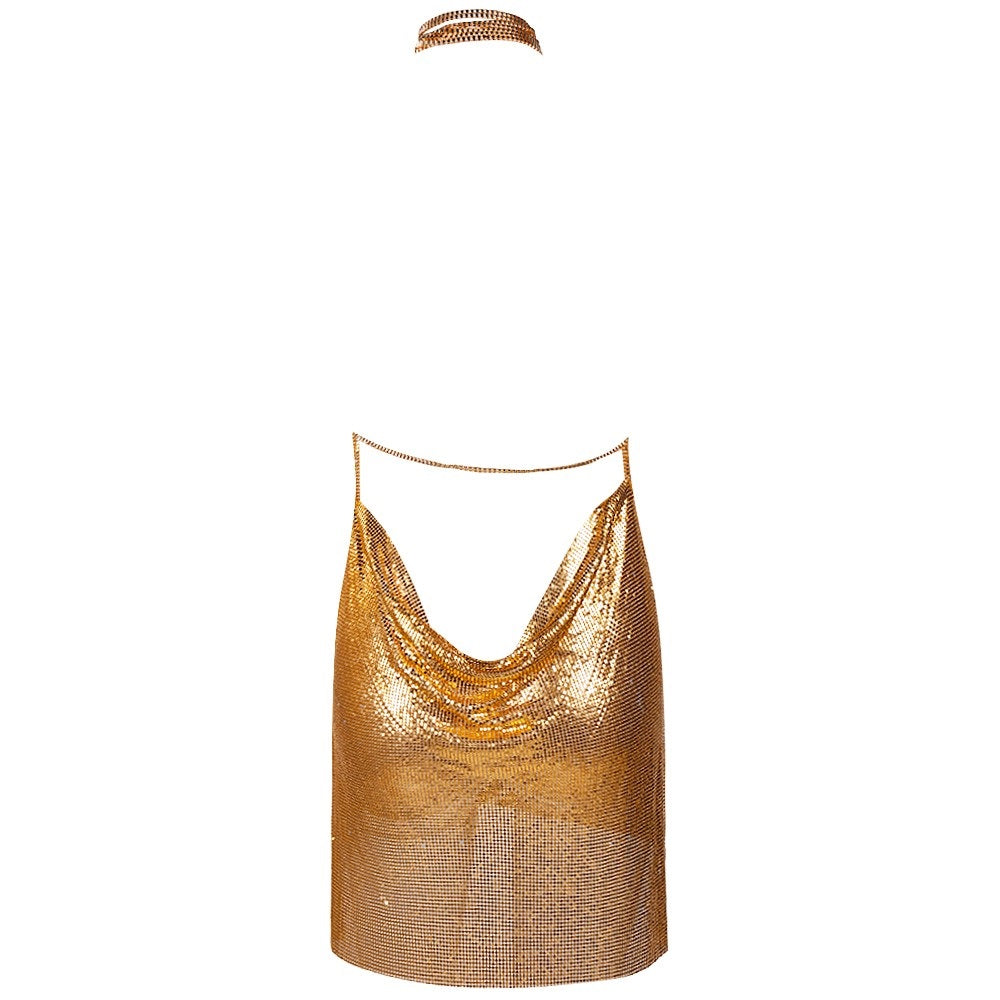 Evelyn Belluci gold luxury chainmaille cocktail dress with draped neckline and matching choker