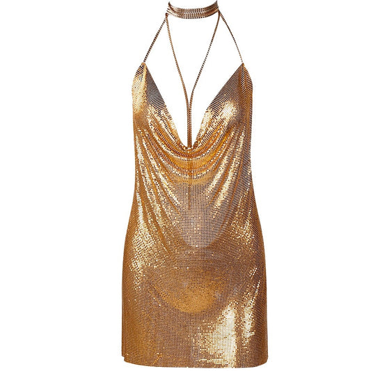 Gold Evelyn Belluci luxury chainmaille cocktail dress with halter neckline and draped front