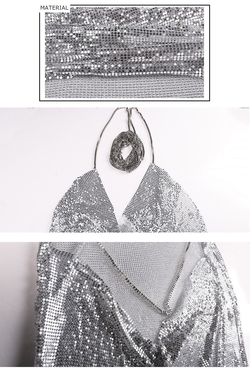 Evelyn Belluci luxury chainmaille cocktail dress with shimmering silver metallic fabric details