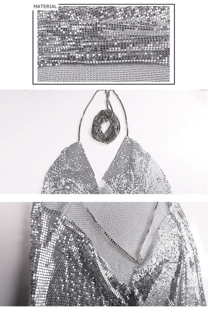 Evelyn Belluci luxury chainmaille cocktail dress with shimmering silver metallic fabric details