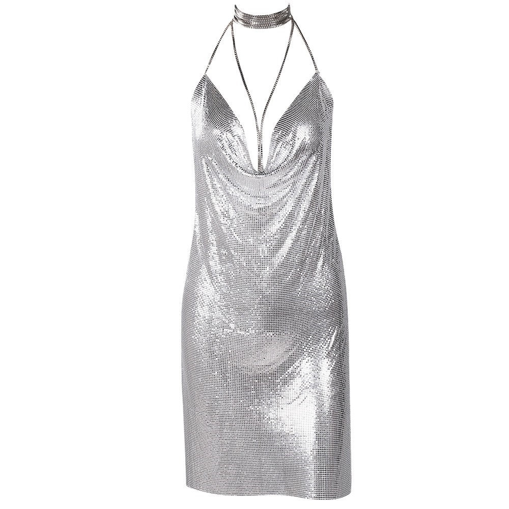 Evelyn Belluci luxury chainmaille cocktail dress in silver with halter neck and deep neckline for evening events