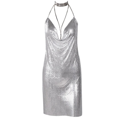 Evelyn Belluci luxury chainmaille cocktail dress in silver with halter neck and deep neckline for evening events
