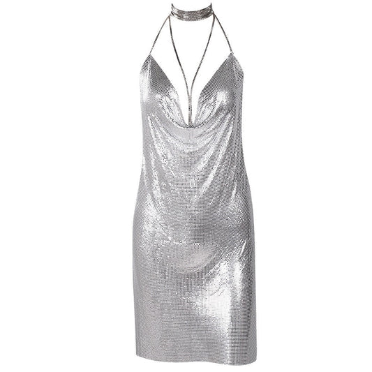 Evelyn Belluci luxury chainmaille cocktail dress in silver with halter neck and deep neckline for evening events