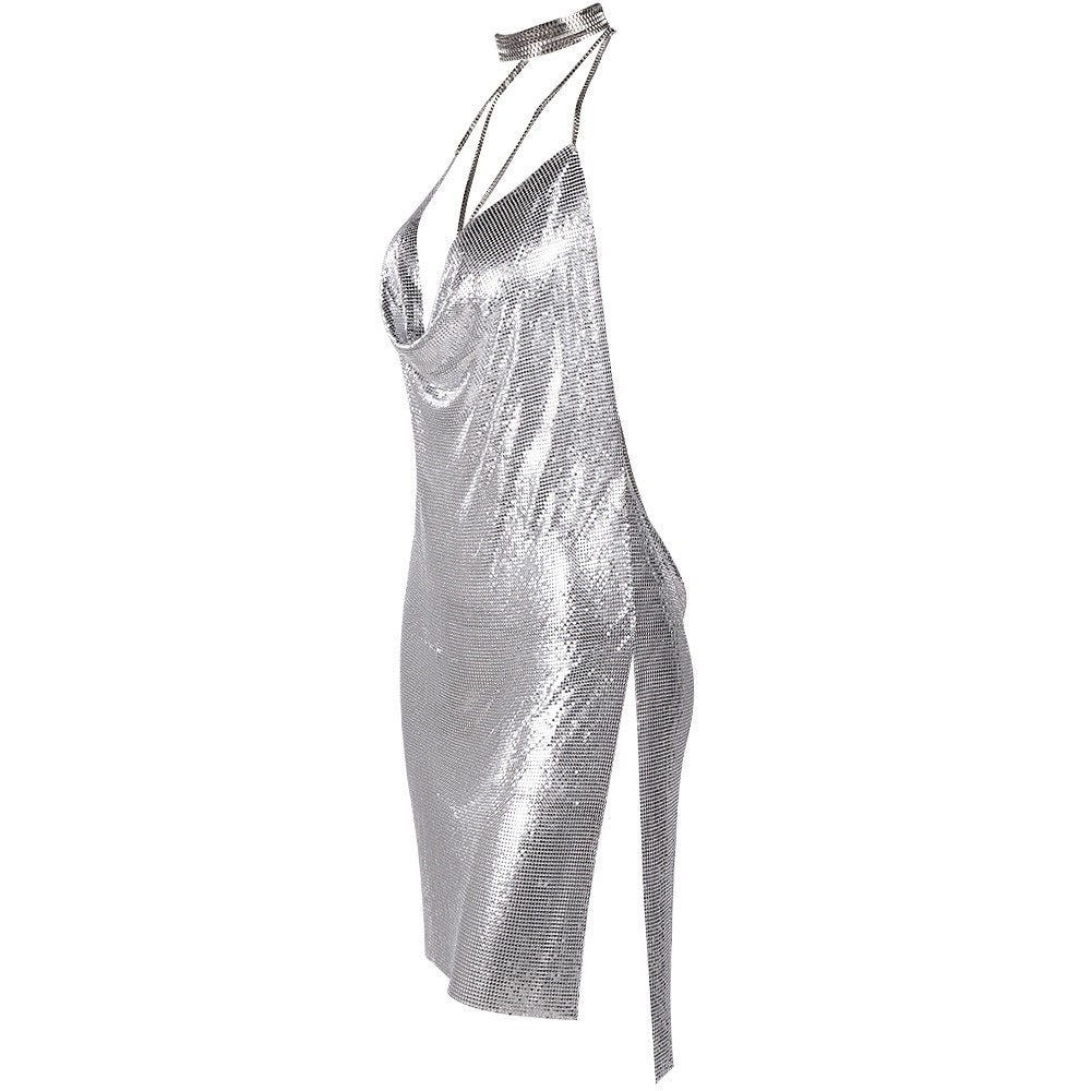 Evelyn Belluci luxury chainmaille cocktail dress with halter neck and draped front in silver