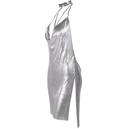 Evelyn Belluci luxury chainmaille cocktail dress with halter neck and draped front in silver