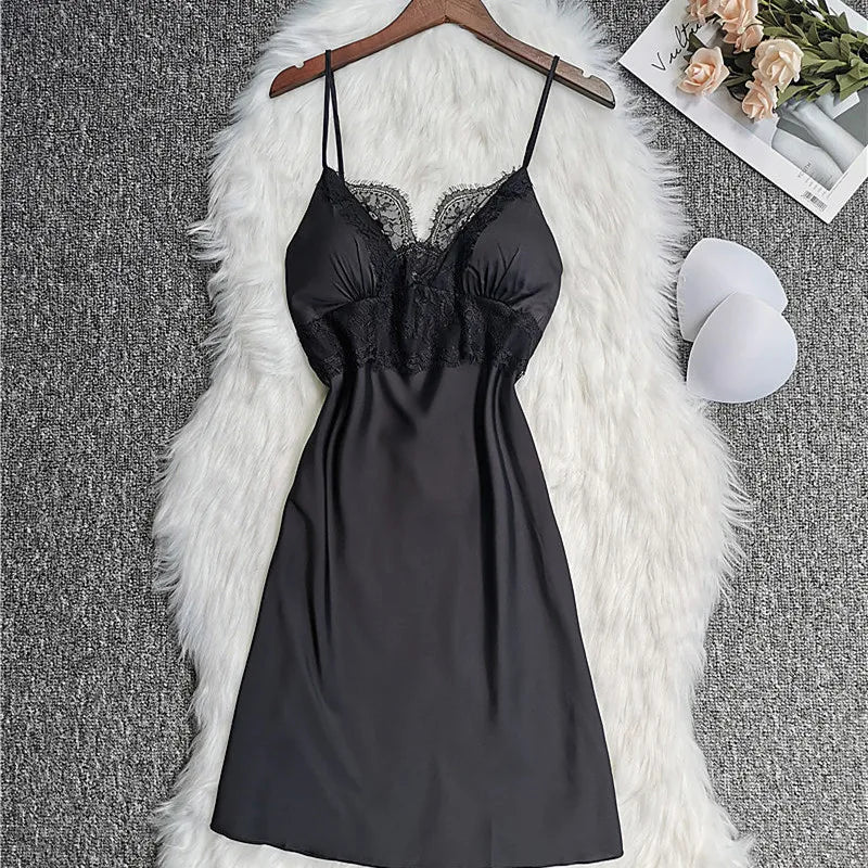 Solstik women's black luxury silk robe set with lace detailing and adjustable straps