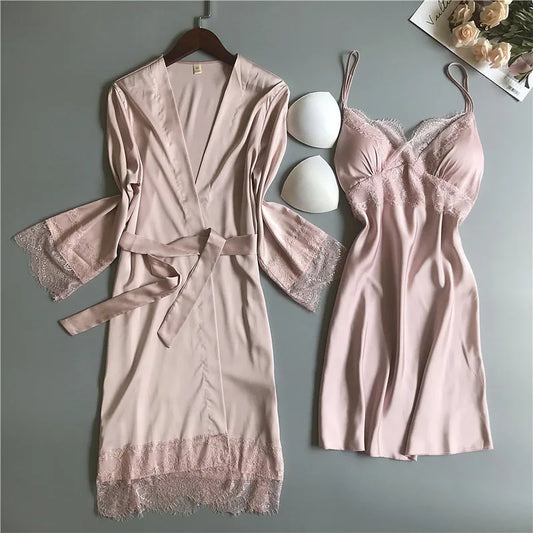 Solstik luxury silk robe set in soft pink with lace trim including robe and matching slip dress