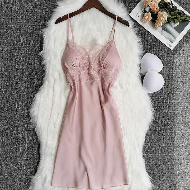 Solstik women's luxury silk robe set in soft pink with delicate lace detailing and adjustable straps