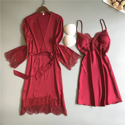 Solstik luxury silk robe set in deep red with lace trim and matching slip dress for women