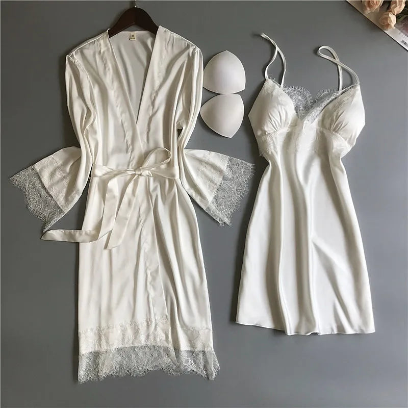 Solstik luxury silk robe set with white silk robe featuring lace trim and matching slip dress