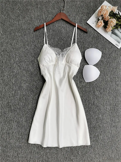 Solstik luxury silk robe set featuring a white satin nightdress with lace trim and matching shoulder pads