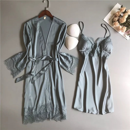 Solstik luxury silk robe set in soft gray with lace trim featuring a belted robe and matching slip dress