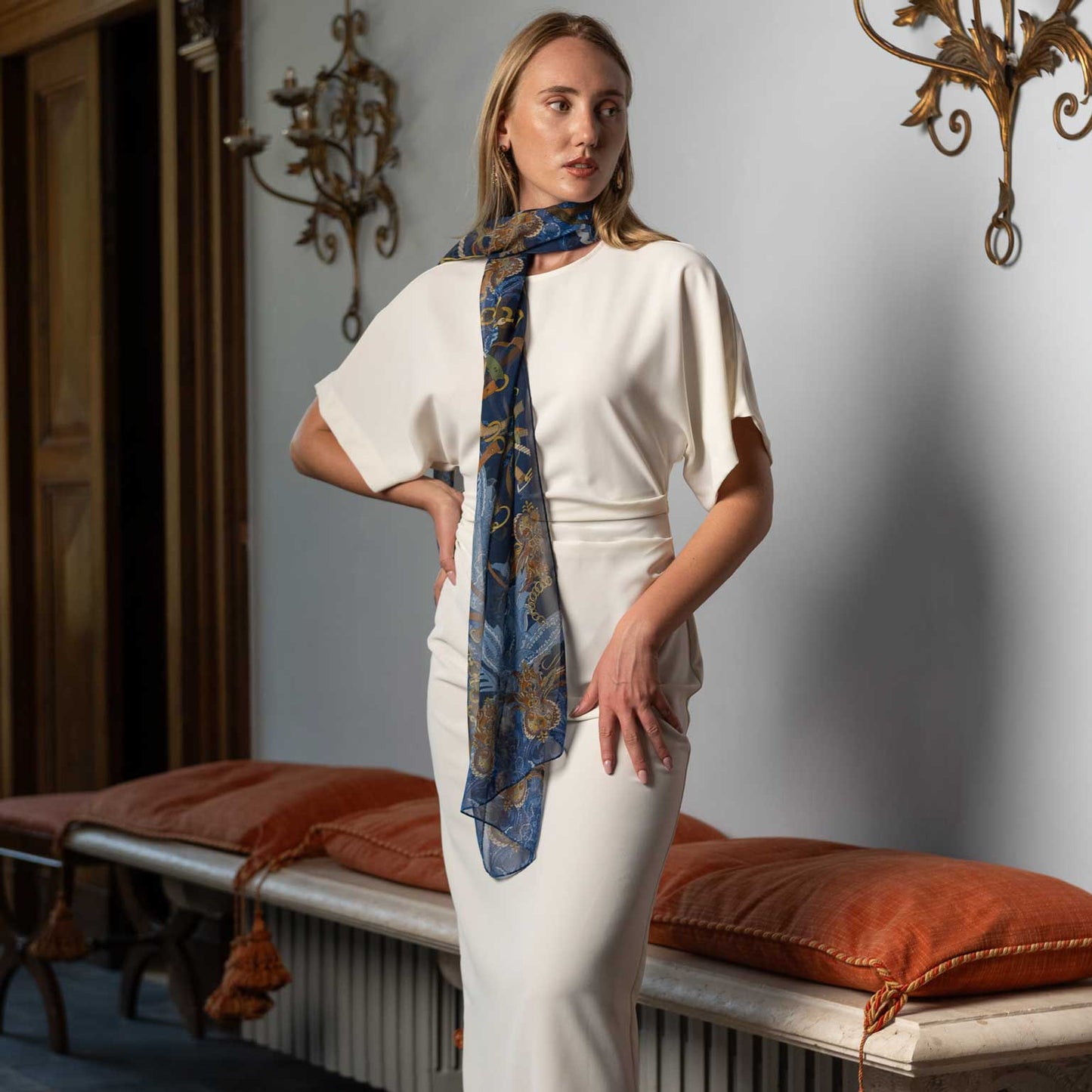 Alessandra - Long Silk Scarf - Navy - Solstik