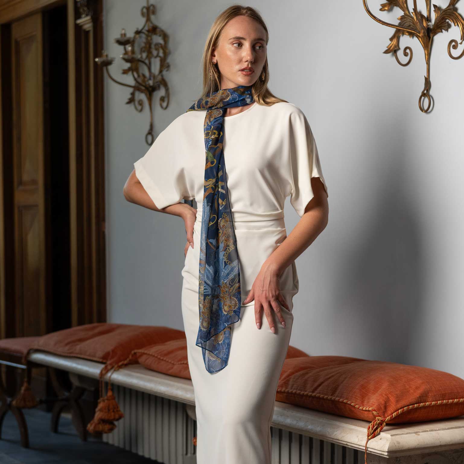 Alessandra - Long Silk Scarf - Navy - Solstik