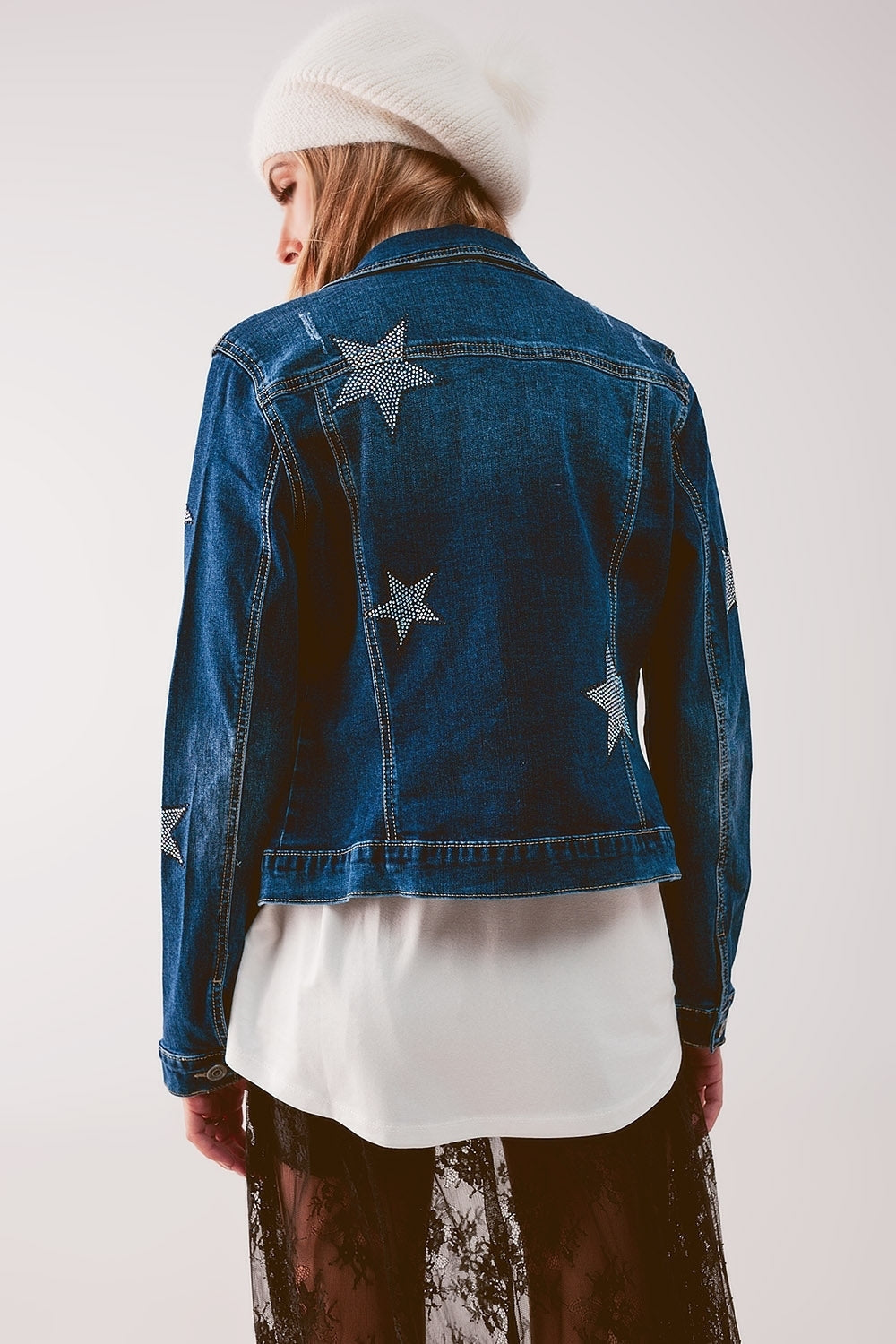 Q2 luxury women's denim outerwear featuring dark blue jacket with star embellishments and casual fit