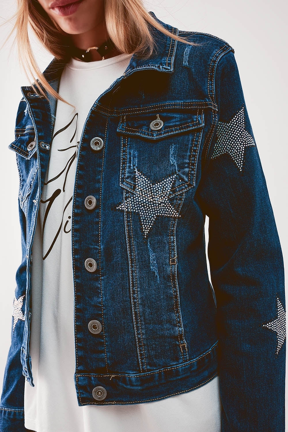 Q2 luxury women's denim outerwear jacket with star embellishments in dark blue wash