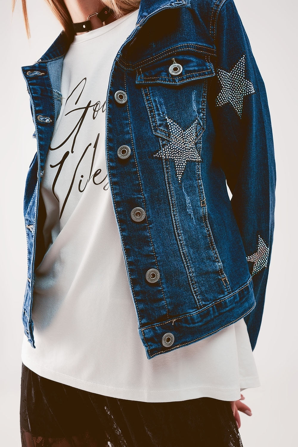 Q2 luxury women's denim outerwear jacket with star embellishments and button front closure