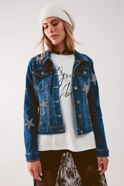 Q2 luxury women's denim outerwear jacket with star patches on sleeves and chest in blue