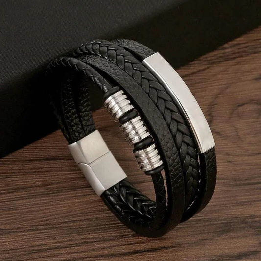 Solstik men's braided leather wristband with black braided leather and silver metal accents
