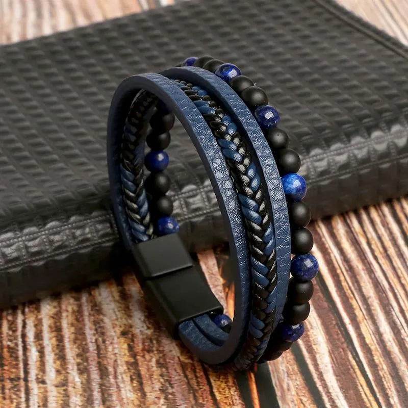 Solstik men's braided leather wristband with black and blue beads and magnetic clasp