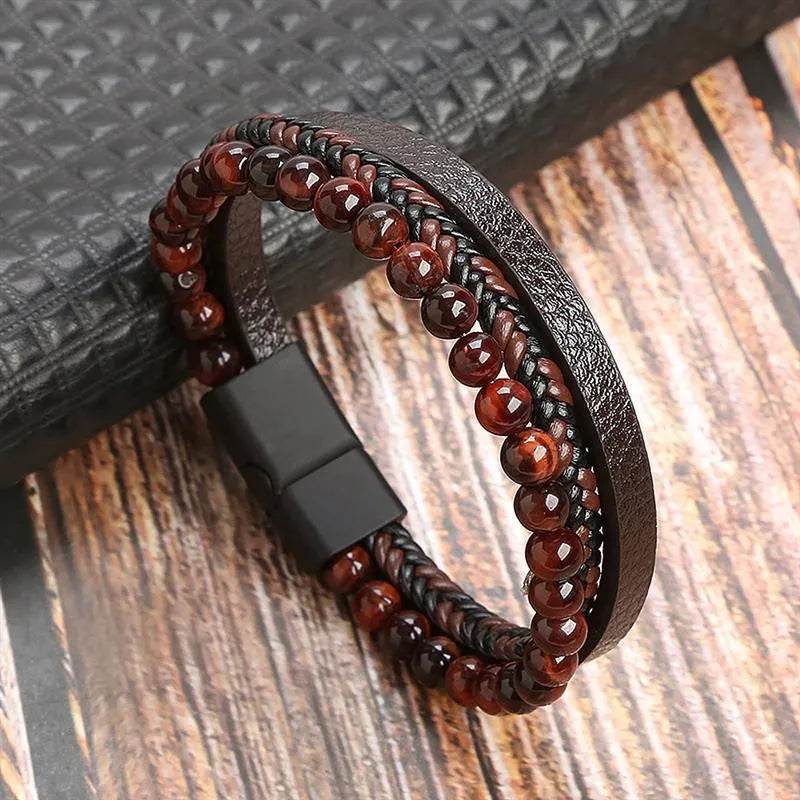 Solstik men's braided leather wristband with beaded and smooth leather design and black clasp