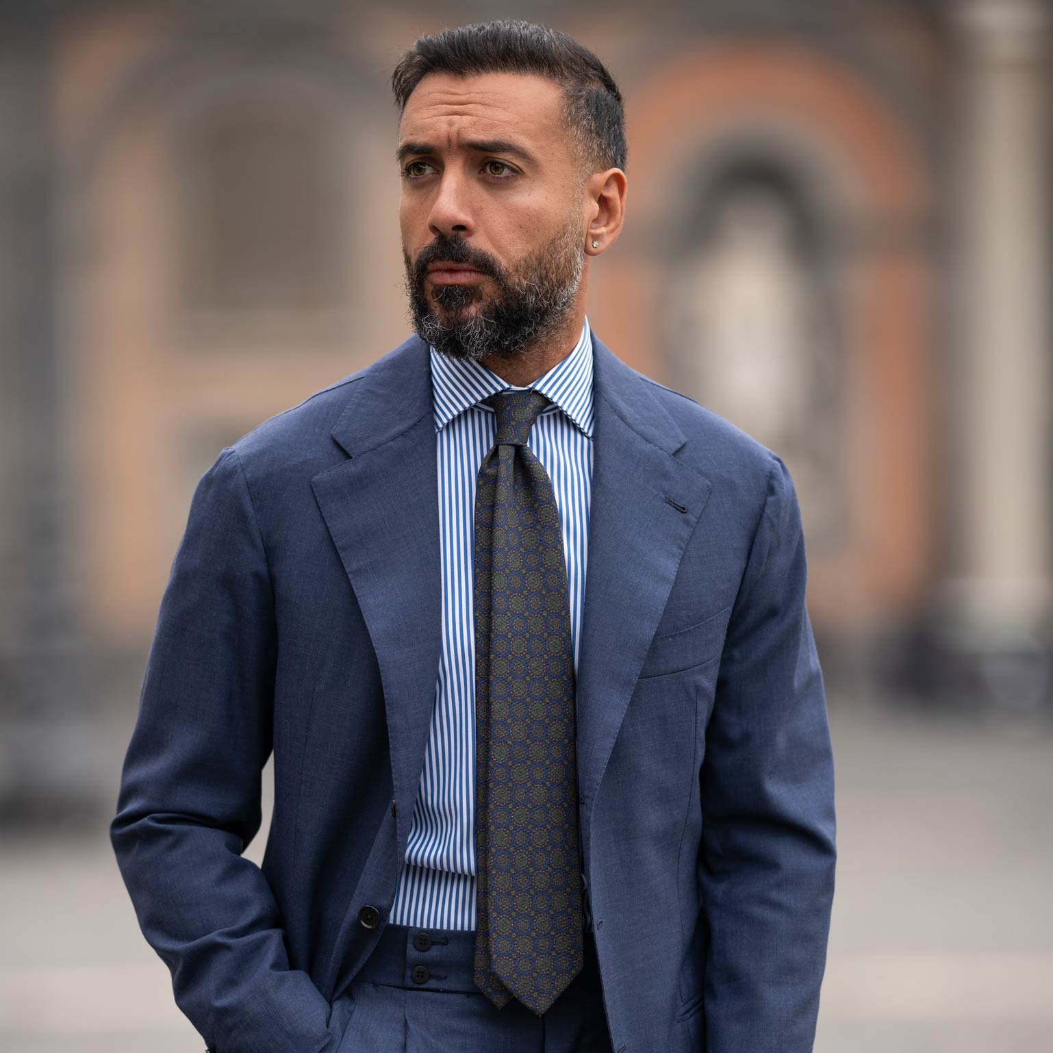 Moretti - Printed Silk Tie - Navy & Green - Solstik