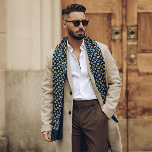 Palatino - Wool Backed Silk Scarf - Navy & Yellow - Solstik