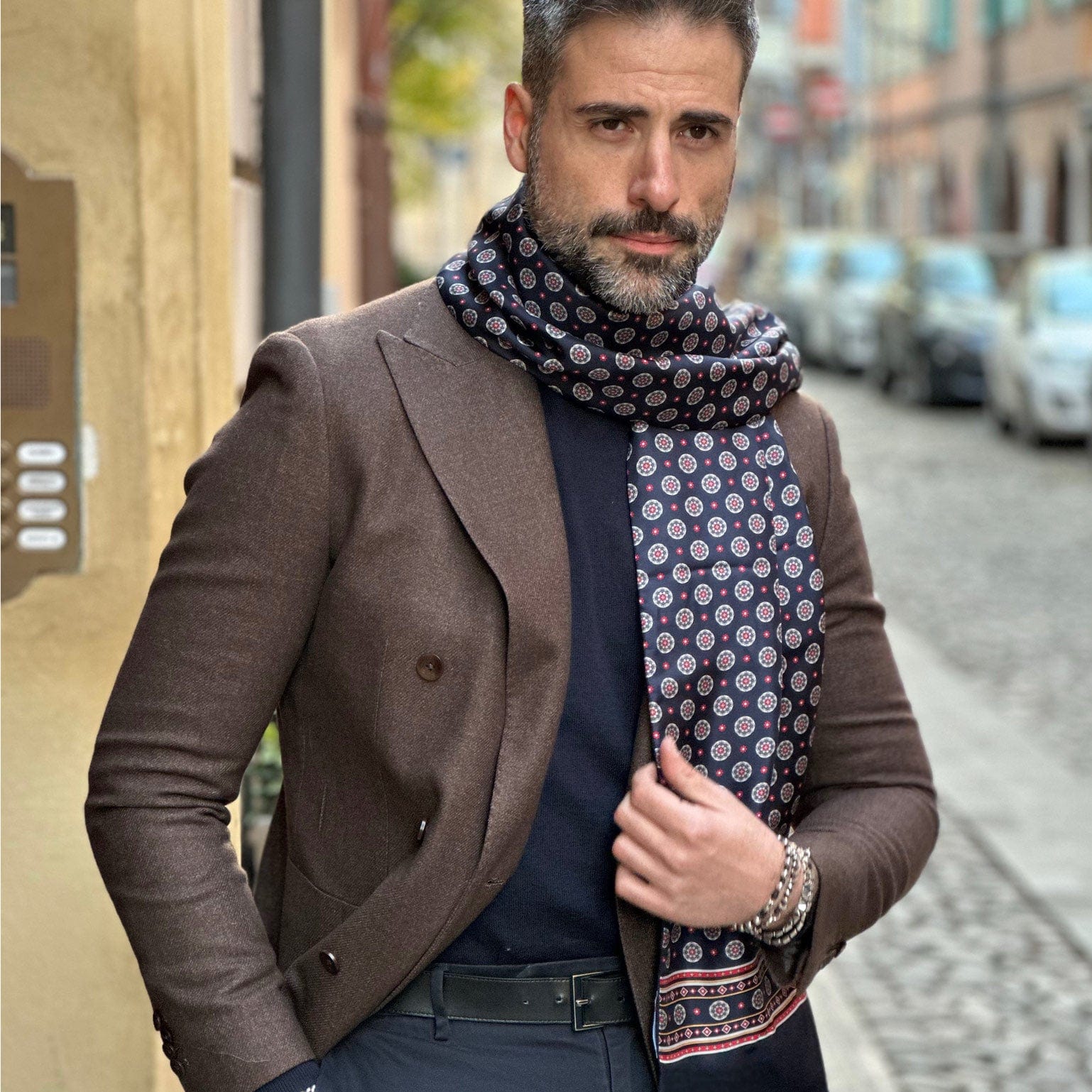 Palatino - Wool Backed Silk Scarf - Navy, Grey & Burgundy - Solstik