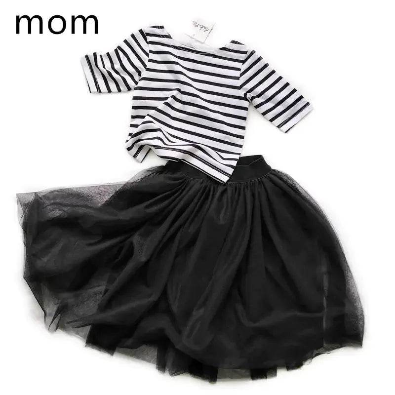 Solstik mother daughter matching outfits black tulle skirt with black and white striped top for mom