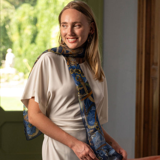 Alessandra - Long Silk Scarf - Navy - Solstik