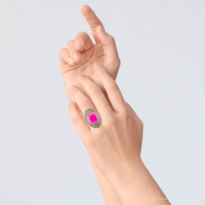 Pink Agate Punch Golden Statement Ring