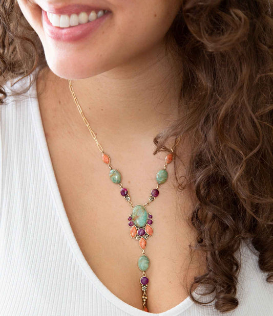 Regalia Blue Turquoise Purple and Orange Coral Golden Y Necklace