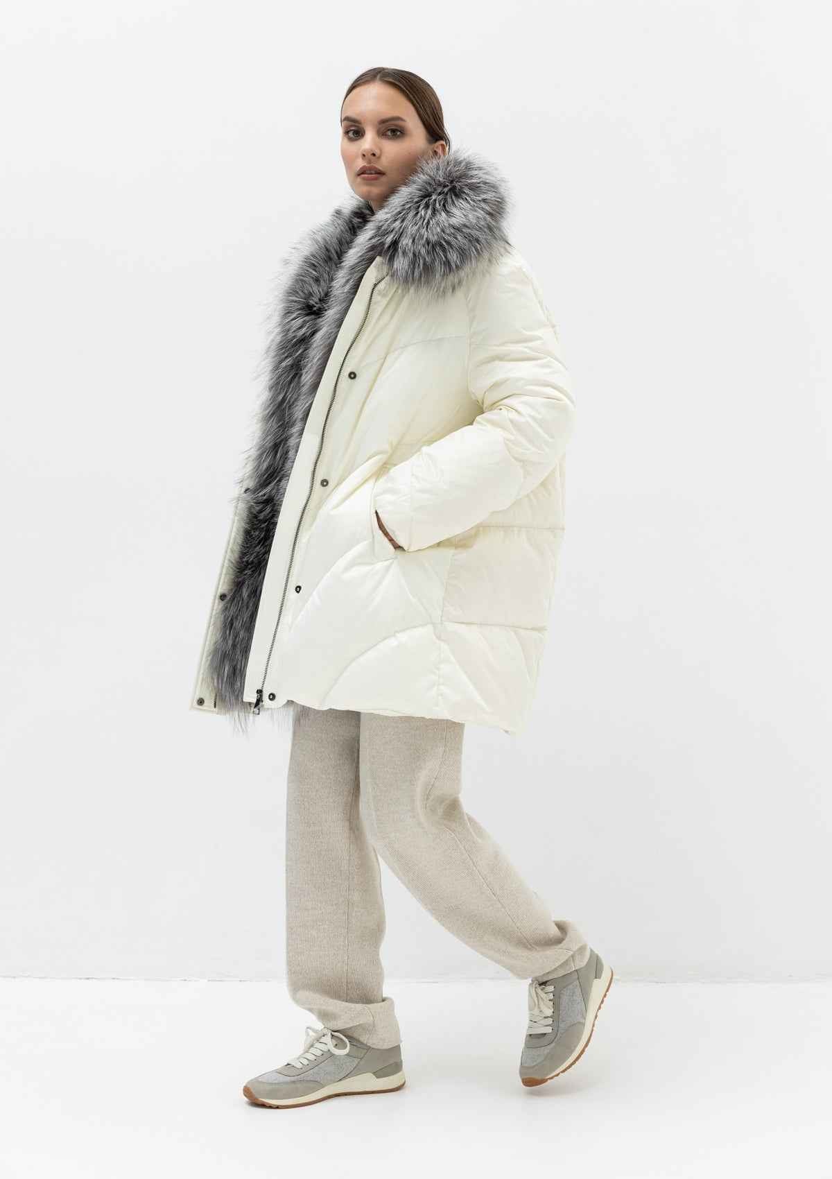 Genuine Silver Fox Fur Belted Down Parka